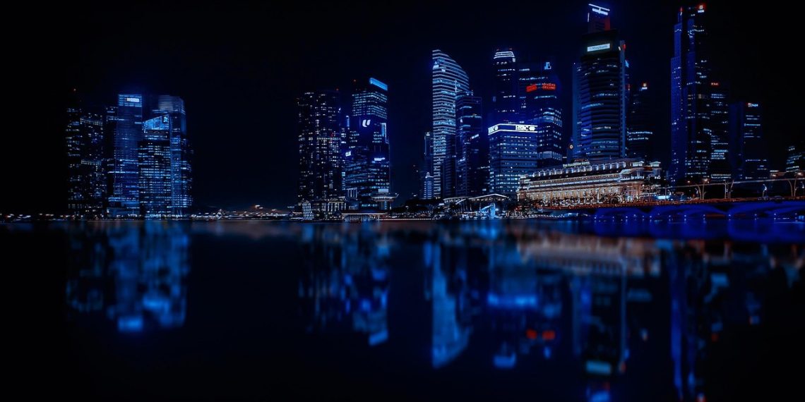 singapore, skyscrapers, nature, city, modern city, architecture, reflection, water, night, black city, black water, black night