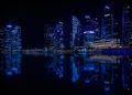 singapore, skyscrapers, nature, city, modern city, architecture, reflection, water, night, black city, black water, black night