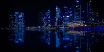 singapore, skyscrapers, nature, city, modern city, architecture, reflection, water, night, black city, black water, black night