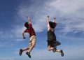 jump, sky, man, clouds, height, girl, woman, happiness, nature, joy, happy, blue sky