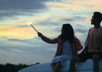 couple, nature, sundown, field, sunset, romantic date, sparklers