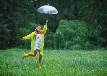 woman, park, stroll, summer, umbrella, forest, glade, raincoat, nature, yellow, yellow boots, yellow raincoat, jump