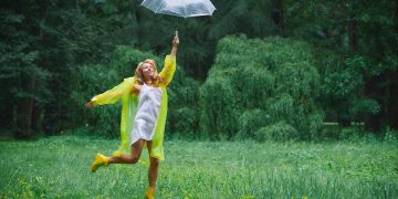 woman, park, stroll, summer, umbrella, forest, glade, raincoat, nature, yellow, yellow boots, yellow raincoat, jump