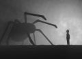 a person standing in front of a giant spider