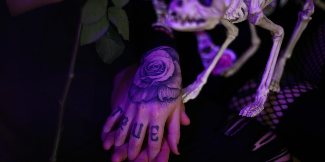 tattoo, hands, scary, rose tattoo, mood, bones, skeleton