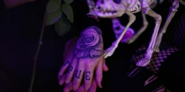 tattoo, hands, scary, rose tattoo, mood, bones, skeleton
